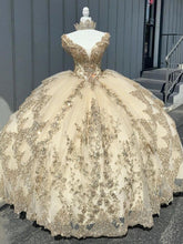 Champagne Ball Gown Off-Shoulder Lace & Beaded Tiered Tulle Quinceanera Dress for Sweet 16 & Birthday Celebrations